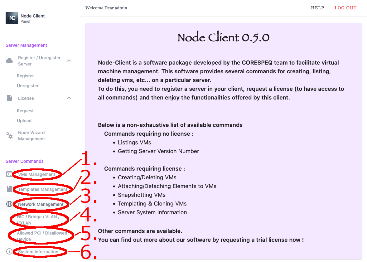 Node Client WebUI landing page Server Commands Annotated