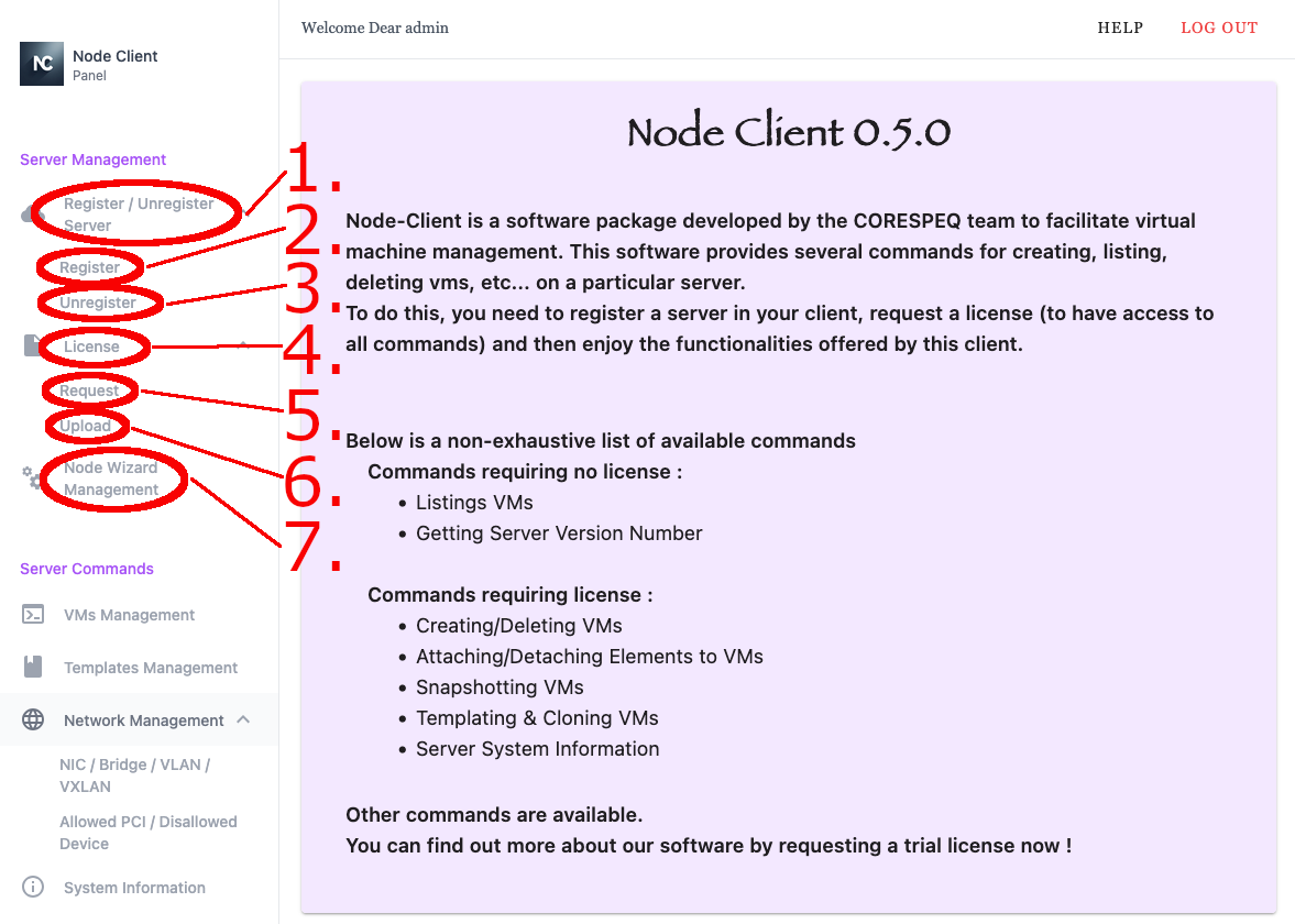 Node Client WebUI landing page Server Management Annotated