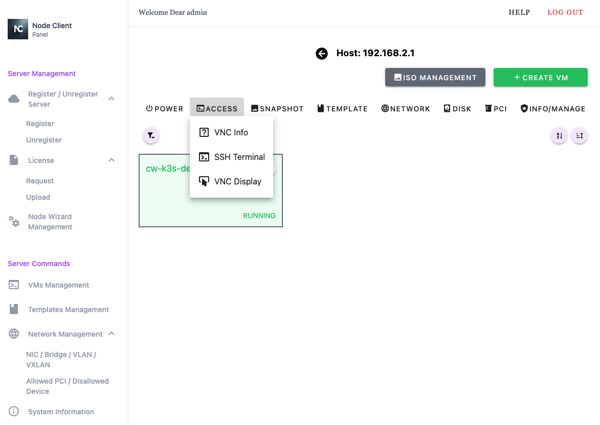 Node Client WebUI VM Management - Access Menu
