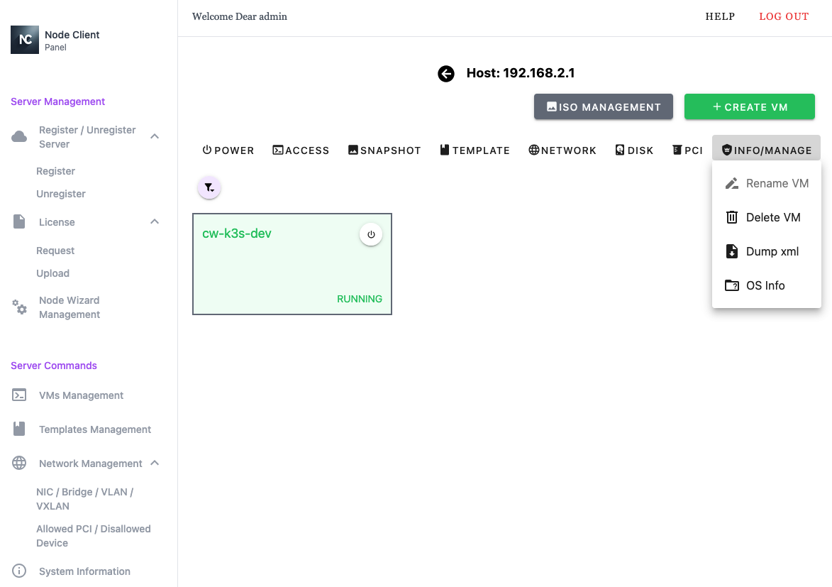 Node Client WebUI VM Management - Info/Manage Menu