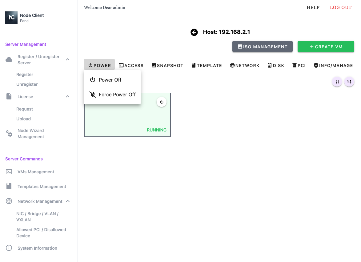 Node Client WebUI VM Management - Power Menu