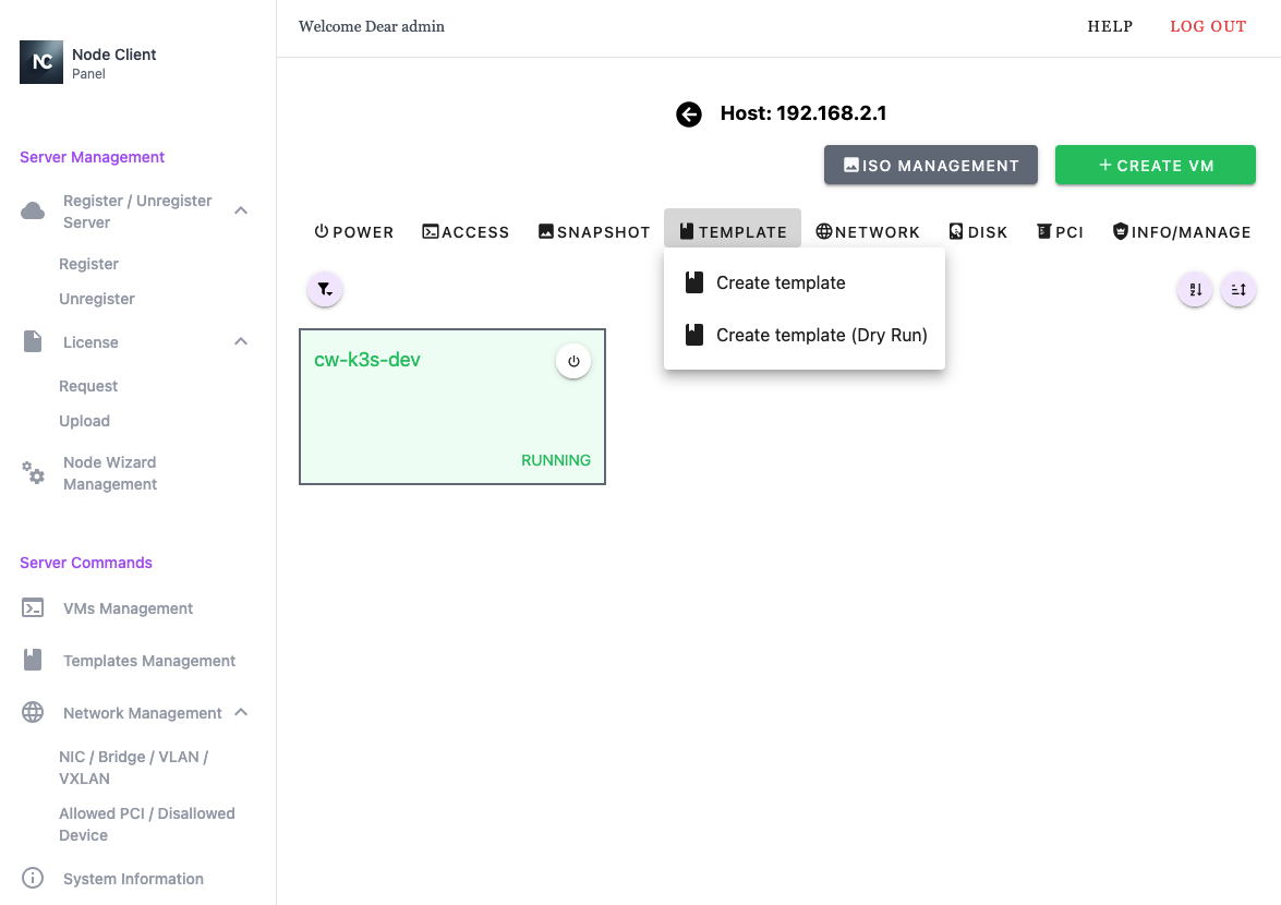 Node Client WebUI VM Management - Template Menu